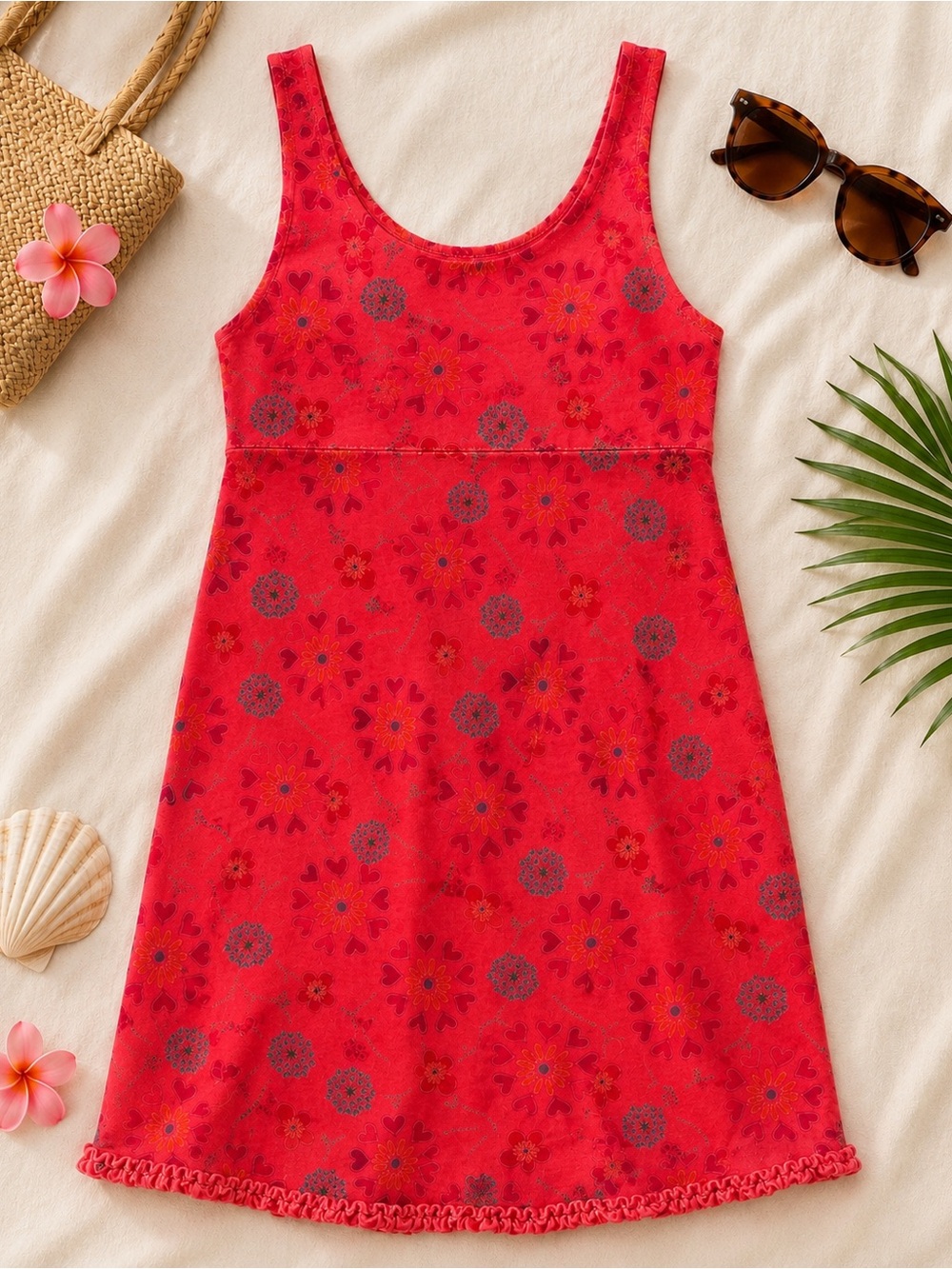 Vintage y2k Fresh Produce Coral Heart Floral Dress | Size Small